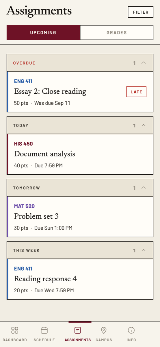 The Assignments tab: coursework grouped by due date.