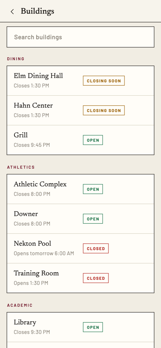 The building hours screen, each building with an open or closed dot.