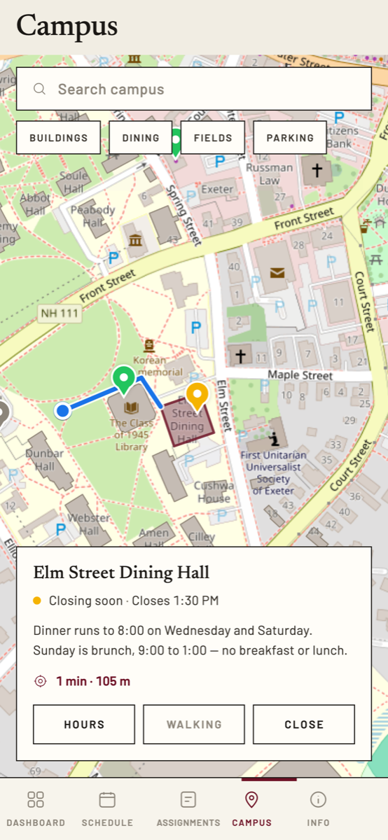 The Campus tab: a walking route drawn along the paths from the blue dot to Elm Street Dining Hall, over a map of Front Street and the Academy buildings, timed at 1 min and 105 m.