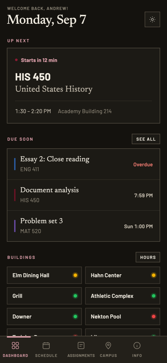 The dashboard in dark mode.