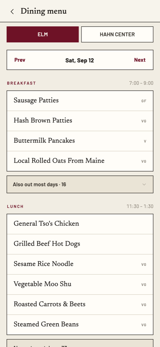 The dining screen: today's menu by hall and meal.