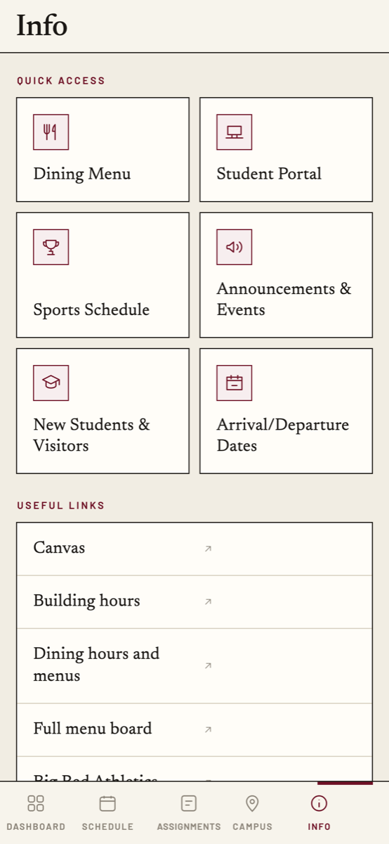 The Info tab: quick access tiles, useful links and phone numbers.