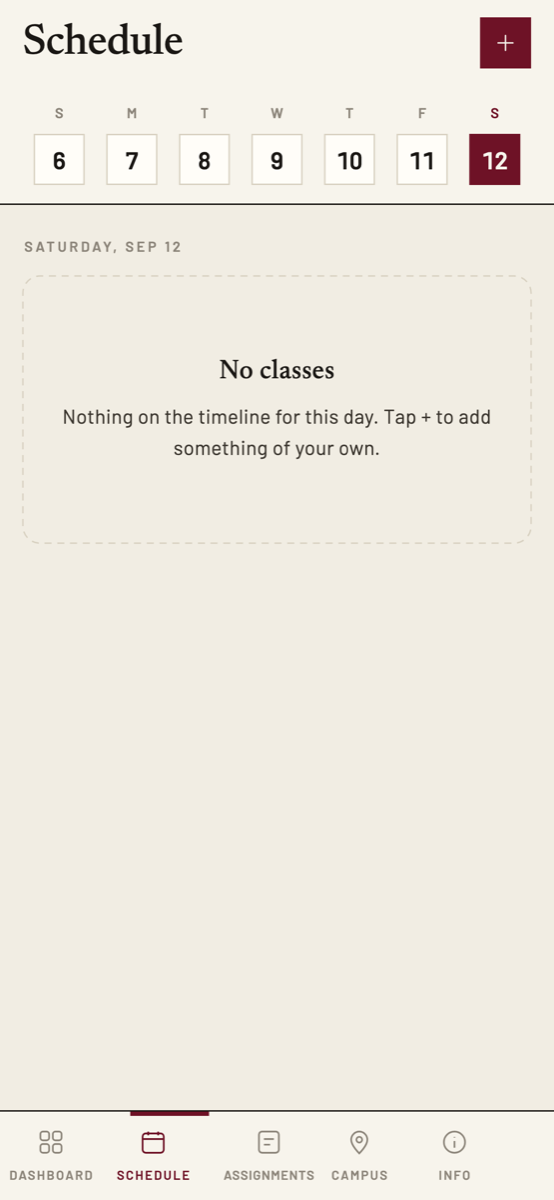 The Schedule tab: a week strip and the day's classes on a timeline with a now-line.